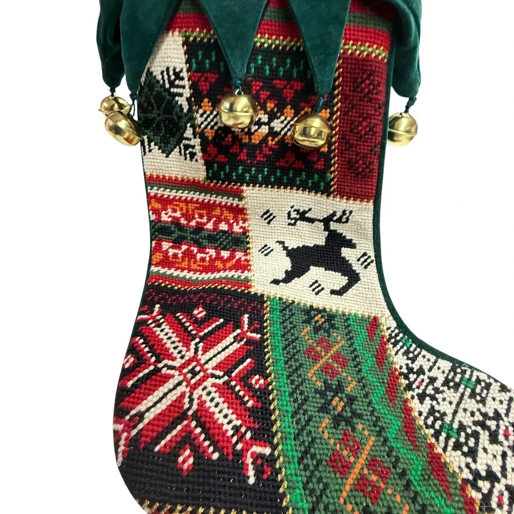 Vintage Patchwork Christmas Stocking‎ Reindeer Snowflake Bells Green Velvet Top